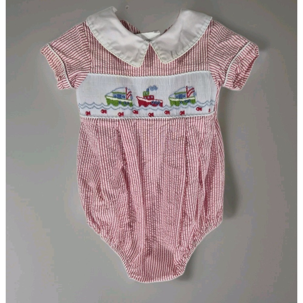 2000s 9 Month Shrimp & Grits Kids Red White Seersucker Smocked Sailboat Bubble